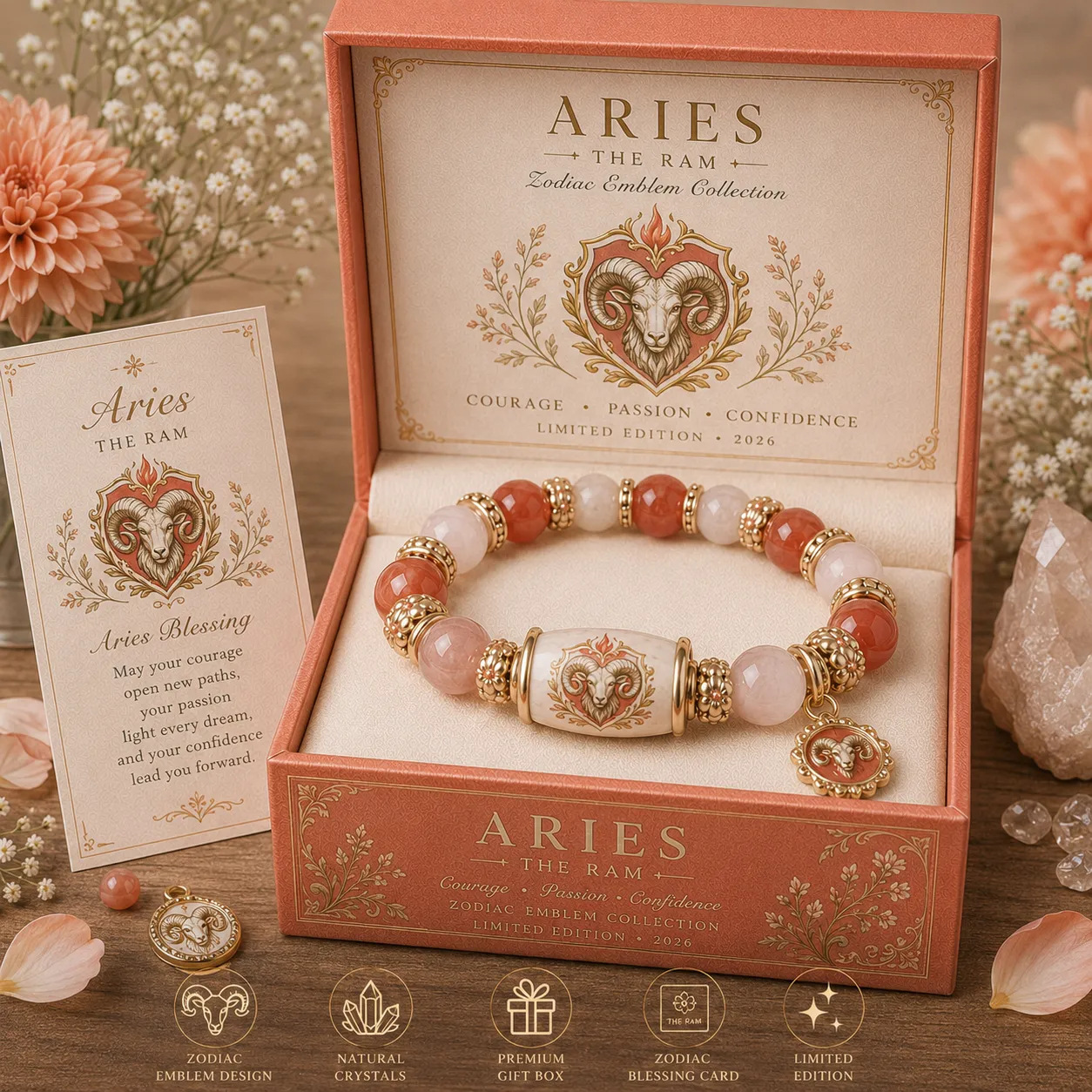 Natural Crystal Zodiac Bracelet Gift Set for Women, Astrology Sign Beaded Bracelet with Charm, Blessing Card & Premium Gift Box