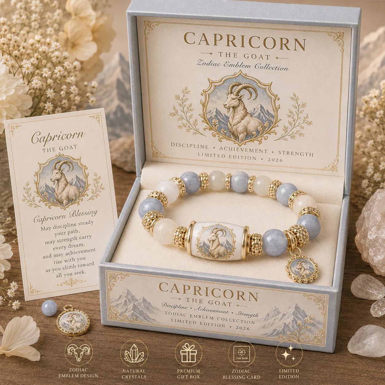 Natural Crystal Zodiac Bracelet Gift Set for Women, Astrology Sign Beaded Bracelet with Charm, Blessing Card & Premium Gift Box
