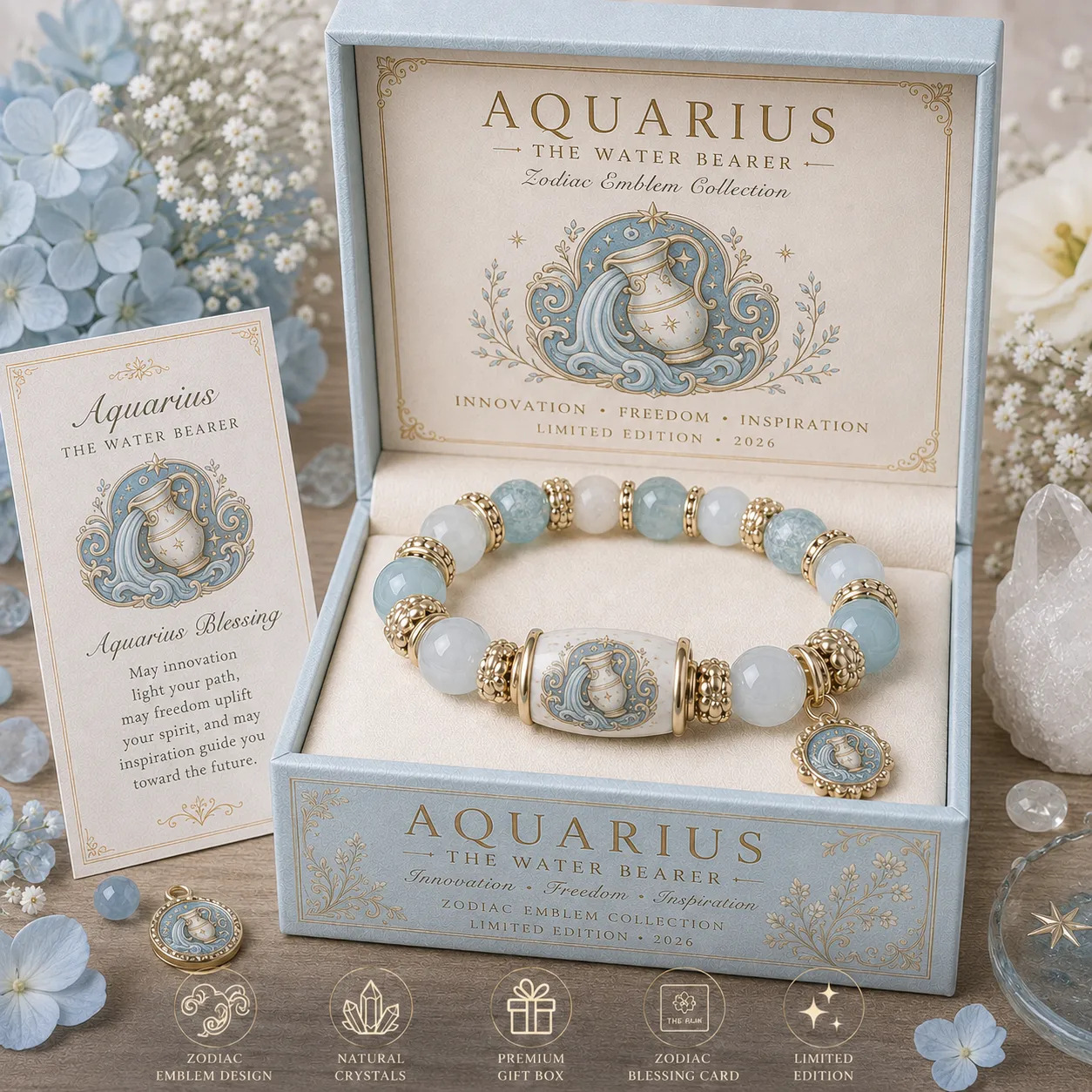 Natural Crystal Zodiac Bracelet Gift Set for Women, Astrology Sign Beaded Bracelet with Charm, Blessing Card & Premium Gift Box