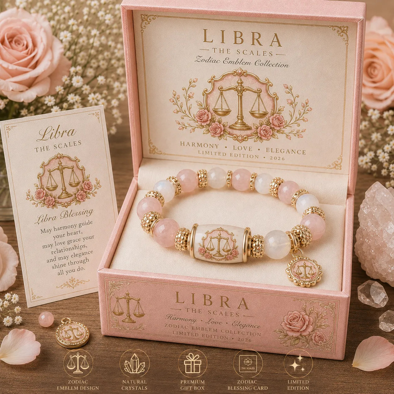 Natural Crystal Zodiac Bracelet Gift Set for Women, Astrology Sign Beaded Bracelet with Charm, Blessing Card & Premium Gift Box