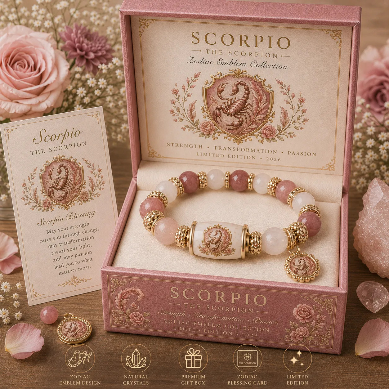 Natural Crystal Zodiac Bracelet Gift Set for Women, Astrology Sign Beaded Bracelet with Charm, Blessing Card & Premium Gift Box