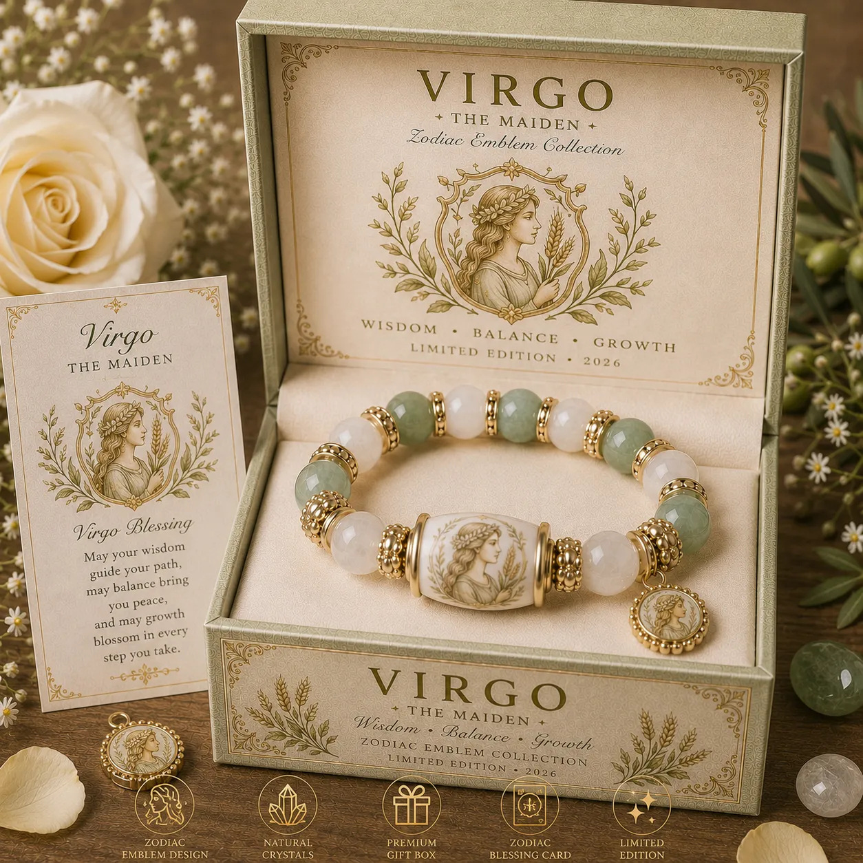 Natural Crystal Zodiac Bracelet Gift Set for Women, Astrology Sign Beaded Bracelet with Charm, Blessing Card & Premium Gift Box