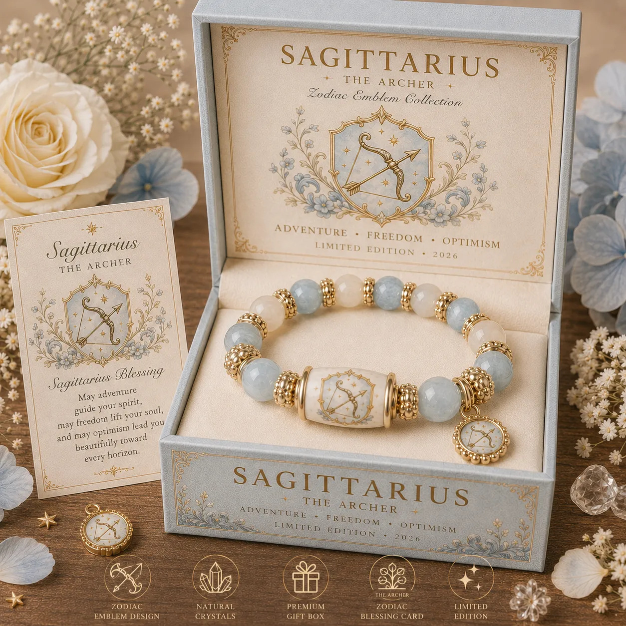 Natural Crystal Zodiac Bracelet Gift Set for Women, Astrology Sign Beaded Bracelet with Charm, Blessing Card & Premium Gift Box