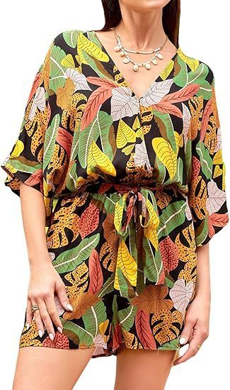 Women's Lace Up Leopard Print Romper Short Sleeves Jumpsuits Wide leg Outfit(Buy 2 Free Shipping)