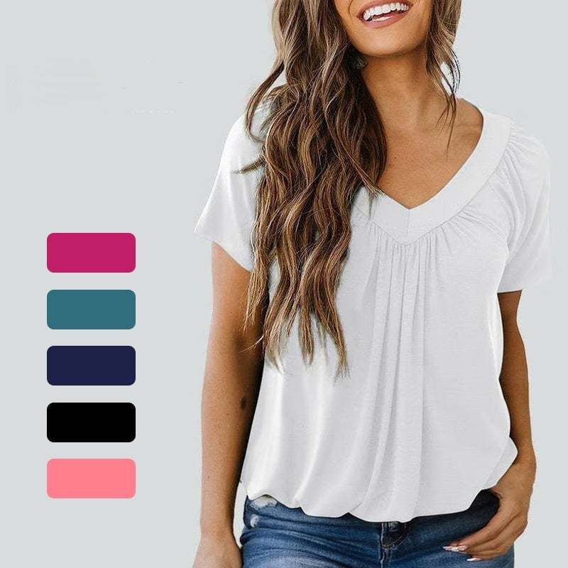 Women's Casual Pleated V-Neck Short-Sleeve Top
