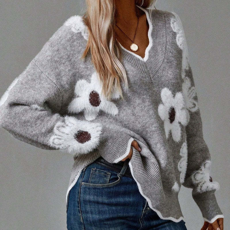 【S-2XL】2025 Autumn/Winter New Elegant V-neck Floral Sweater