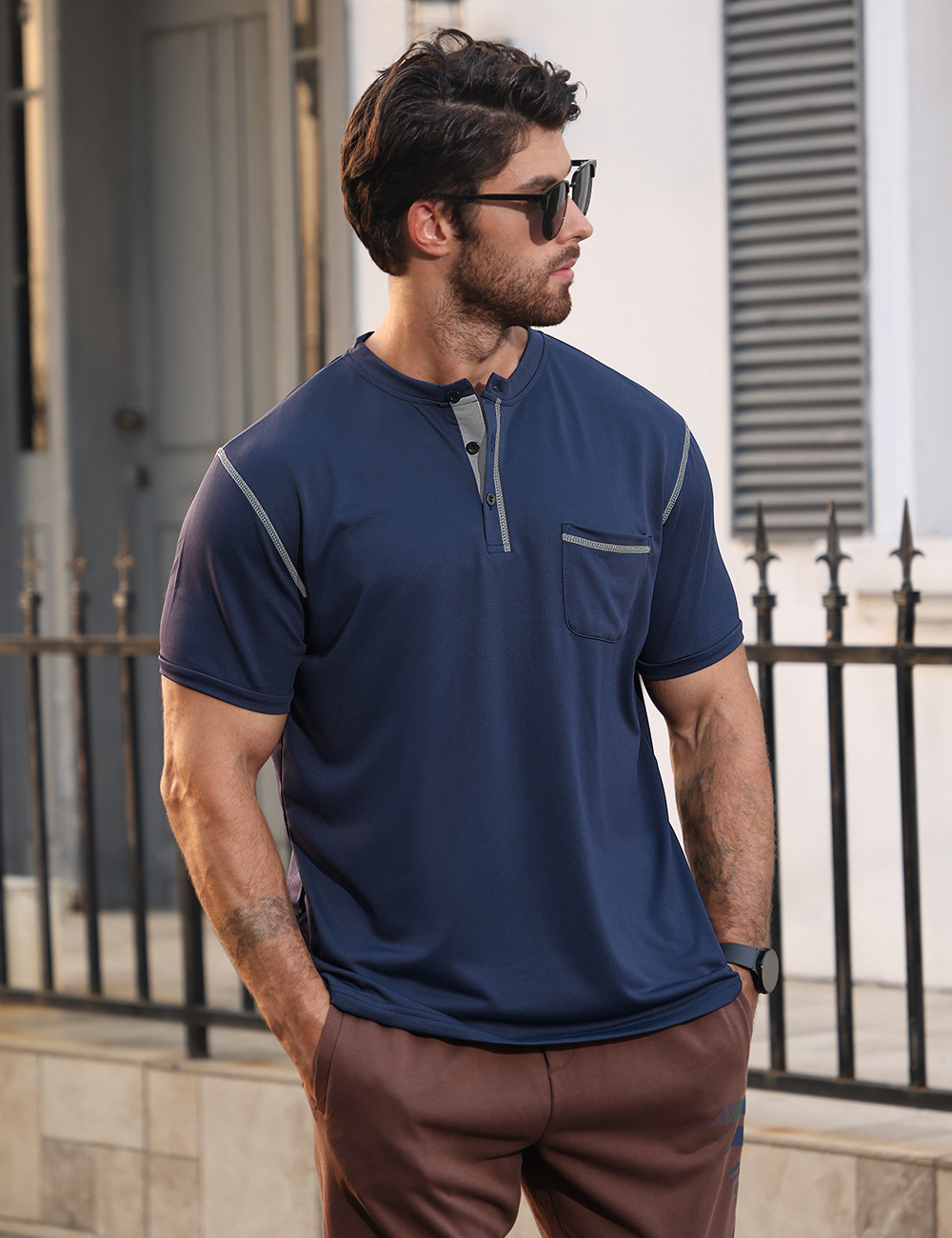 Men's Sports Color Block Henley Collar Polo Shirt