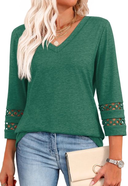 2025 New Womens 3/4 Length Sleeve Tops Trendy V Neck T Shirts