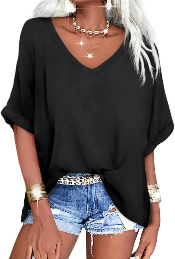 ✨Women's Oversized T Shirts V Neck Short Sleeve Summer Casual Loose Tops Tees