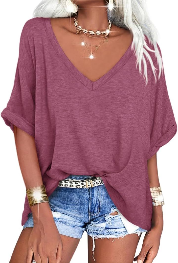 ✨Women's Oversized T Shirts V Neck Short Sleeve Summer Casual Loose Tops Tees
