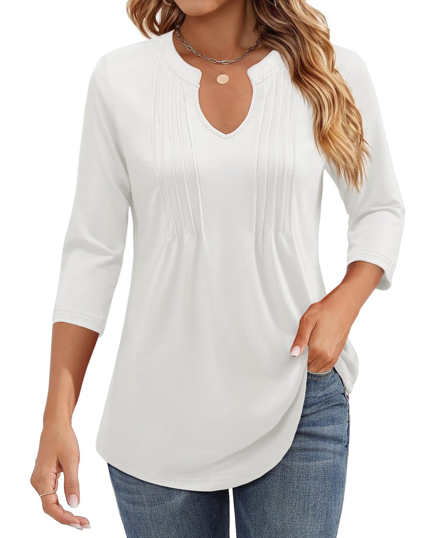 ✨Womens Casual 3/4 Sleeve Pleated Tunic Blouse (BUY 3 FREE SHIPPING)
