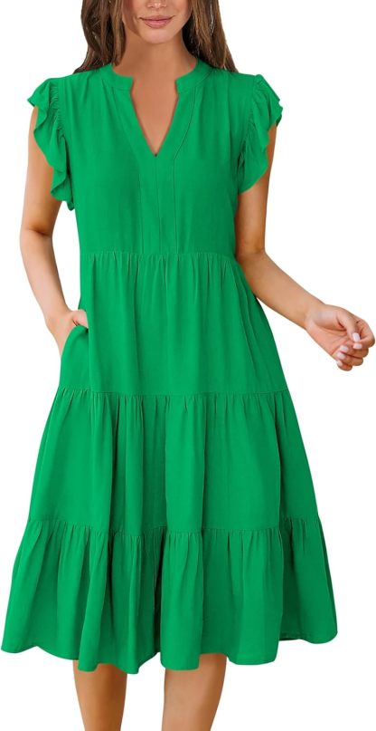 ANRABESS Womens Summer Dress Ruffle Sleeve V Neck Midi Dresses Fashion Casual Fit Flowy Tiered Boho Beach Vacation Sundress