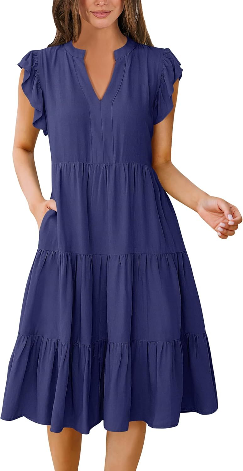 ANRABESS Womens Summer Dress Ruffle Sleeve V Neck Midi Dresses Fashion Casual Fit Flowy Tiered Boho Beach Vacation Sundress