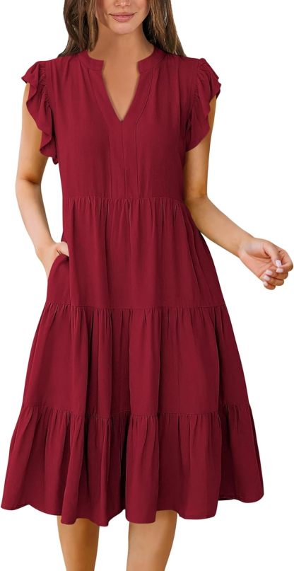 ANRABESS Womens Summer Dress Ruffle Sleeve V Neck Midi Dresses Fashion Casual Fit Flowy Tiered Boho Beach Vacation Sundress
