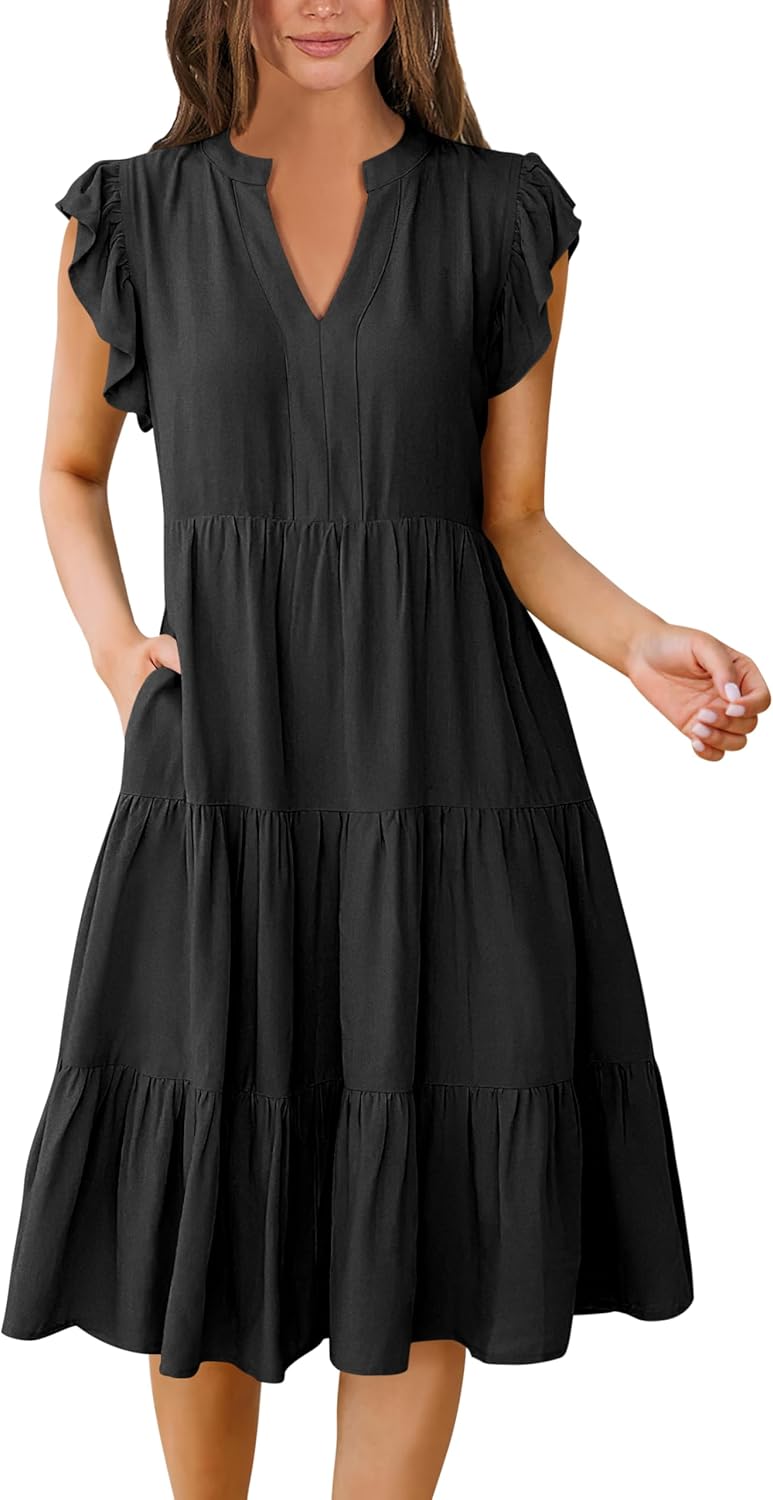 ANRABESS Womens Summer Dress Ruffle Sleeve V Neck Midi Dresses Fashion Casual Fit Flowy Tiered Boho Beach Vacation Sundress
