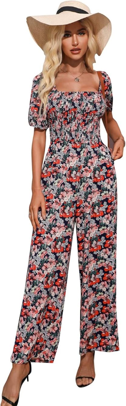 Love Welove Fashion Summer Jumpsuits for Women 2025 Floral Dressy Casual Loose Wide Leg Short Sleeve One Piece Romper Outfits