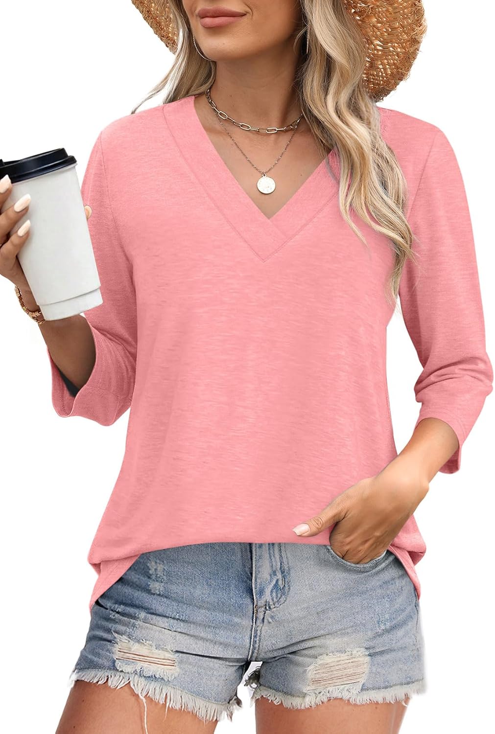 ✨Women's Trendy V Neck 3/4 Long Sleeve Tops Loose Fit Blouse (Buy 2 Free Shipping)