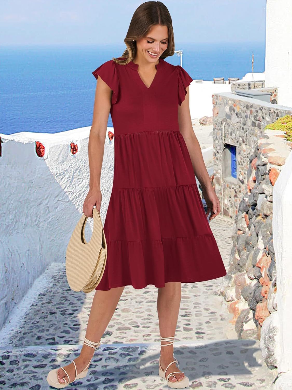 ANRABESS Womens Summer Dress Ruffle Sleeve V Neck Midi Dresses Fashion Casual Fit Flowy Tiered Boho Beach Vacation Sundress
