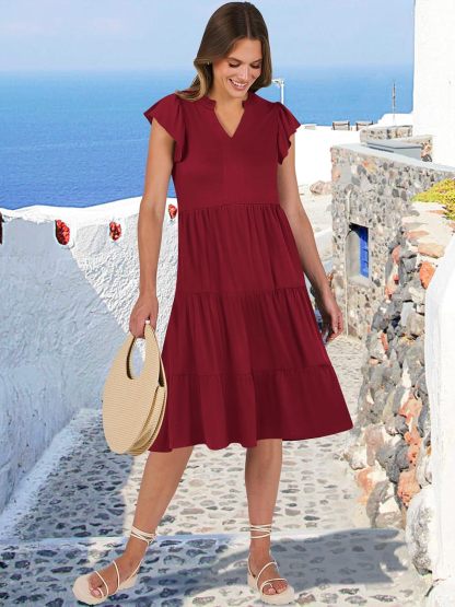 ANRABESS Womens Summer Dress Ruffle Sleeve V Neck Midi Dresses Fashion Casual Fit Flowy Tiered Boho Beach Vacation Sundress