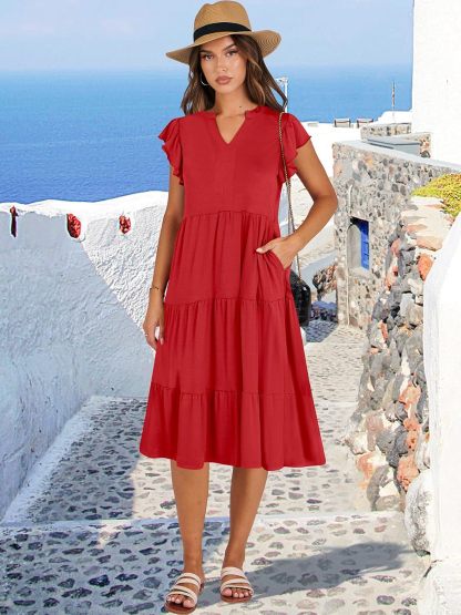 ANRABESS Womens Summer Dress Ruffle Sleeve V Neck Midi Dresses Fashion Casual Fit Flowy Tiered Boho Beach Vacation Sundress