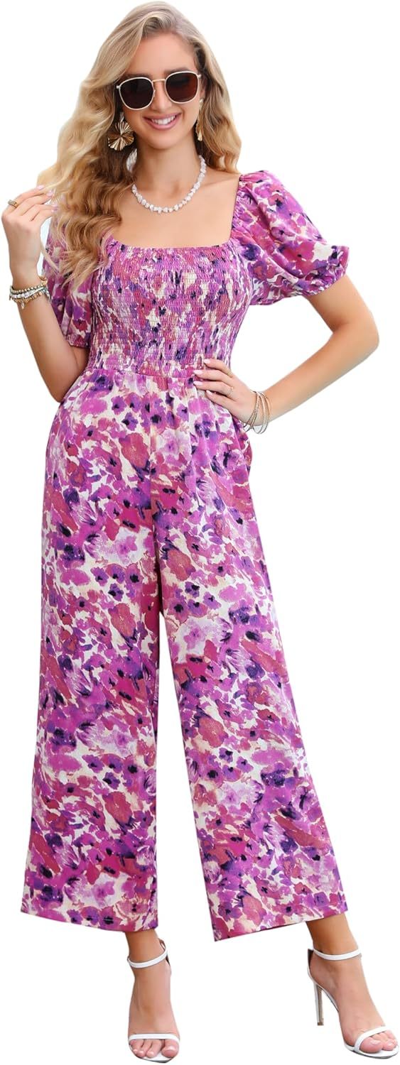 Love Welove Fashion Summer Jumpsuits for Women 2025 Floral Dressy Casual Loose Wide Leg Short Sleeve One Piece Romper Outfits