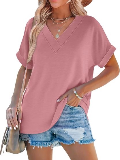 ✨Womens Summer V Neck Short Sleeve Solid Color Basic T Shirt(Buy 3 Free Shipping)