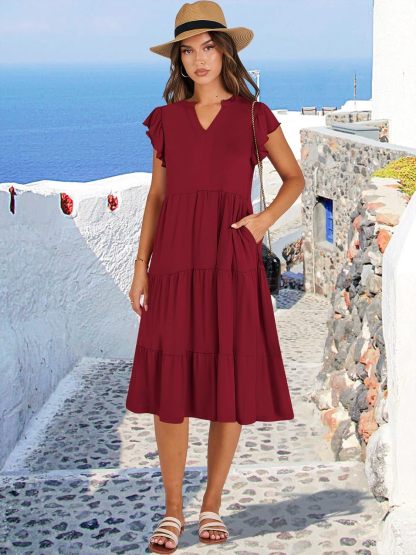 ANRABESS Womens Summer Dress Ruffle Sleeve V Neck Midi Dresses Fashion Casual Fit Flowy Tiered Boho Beach Vacation Sundress