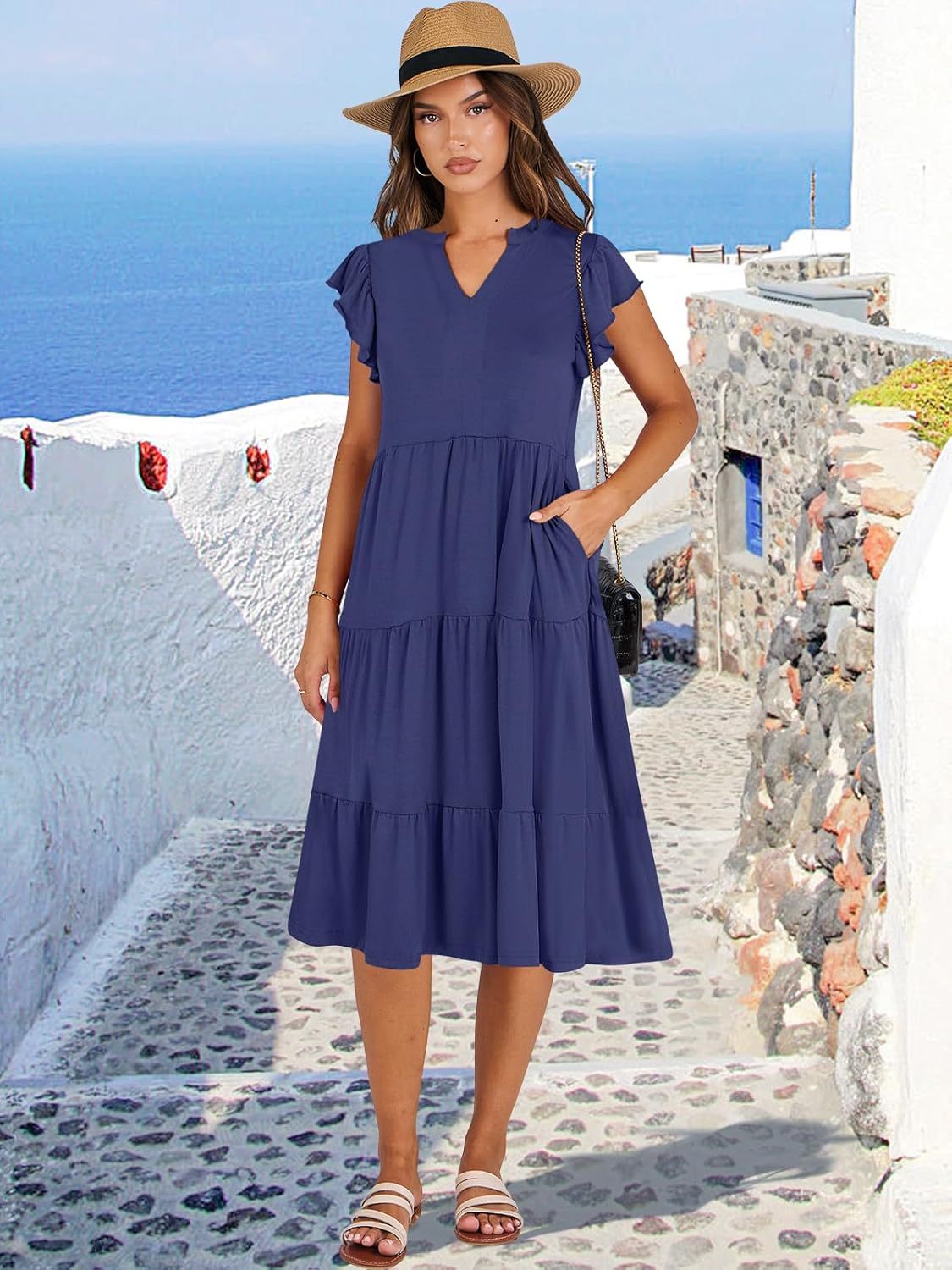 ANRABESS Womens Summer Dress Ruffle Sleeve V Neck Midi Dresses Fashion Casual Fit Flowy Tiered Boho Beach Vacation Sundress