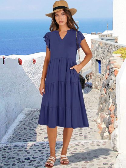 ANRABESS Womens Summer Dress Ruffle Sleeve V Neck Midi Dresses Fashion Casual Fit Flowy Tiered Boho Beach Vacation Sundress