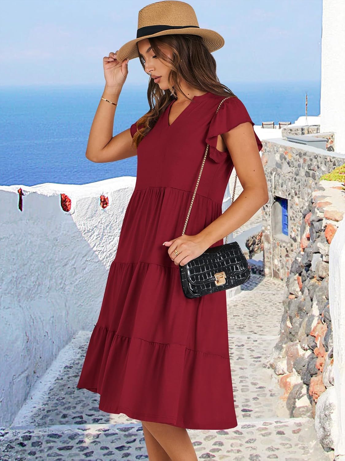 ANRABESS Womens Summer Dress Ruffle Sleeve V Neck Midi Dresses Fashion Casual Fit Flowy Tiered Boho Beach Vacation Sundress