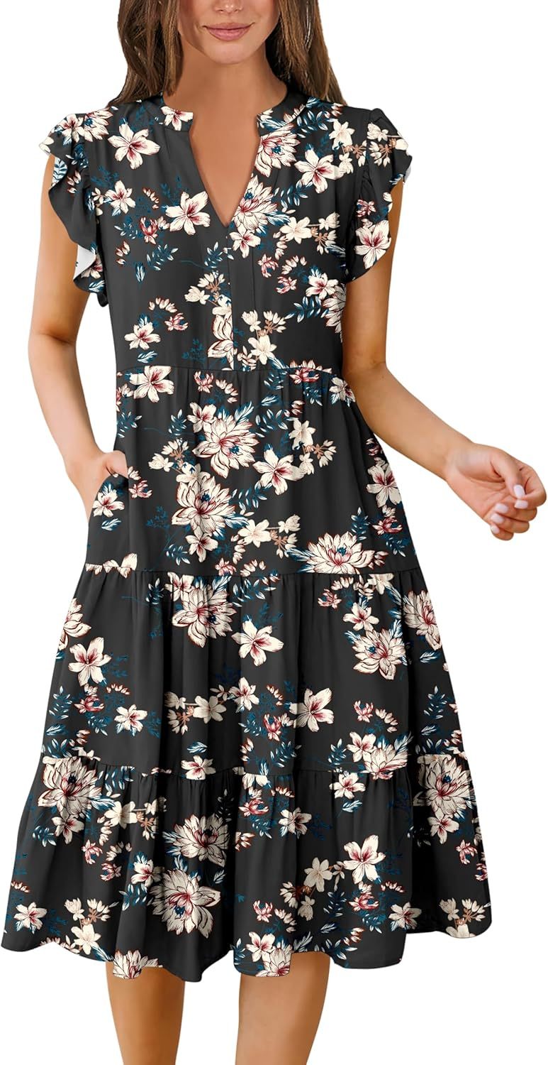 ANRABESS Womens Summer Dress Ruffle Sleeve V Neck Midi Dresses Fashion