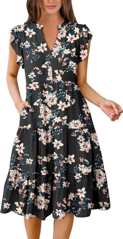 ANRABESS Womens Summer Dress Ruffle Sleeve V Neck Midi Dresses Fashion Casual Fit Flowy Tiered Boho Beach Vacation Sundress
