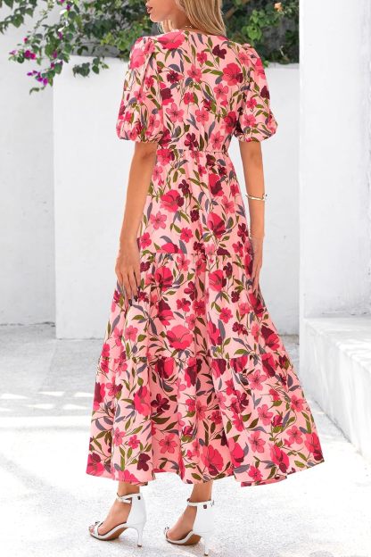 dowerme Womens Summer Dresses 2025 Casual Puff Short Sleeve V Neck Floral Boho Tiered Ruffle Maxi Dress with Pockets