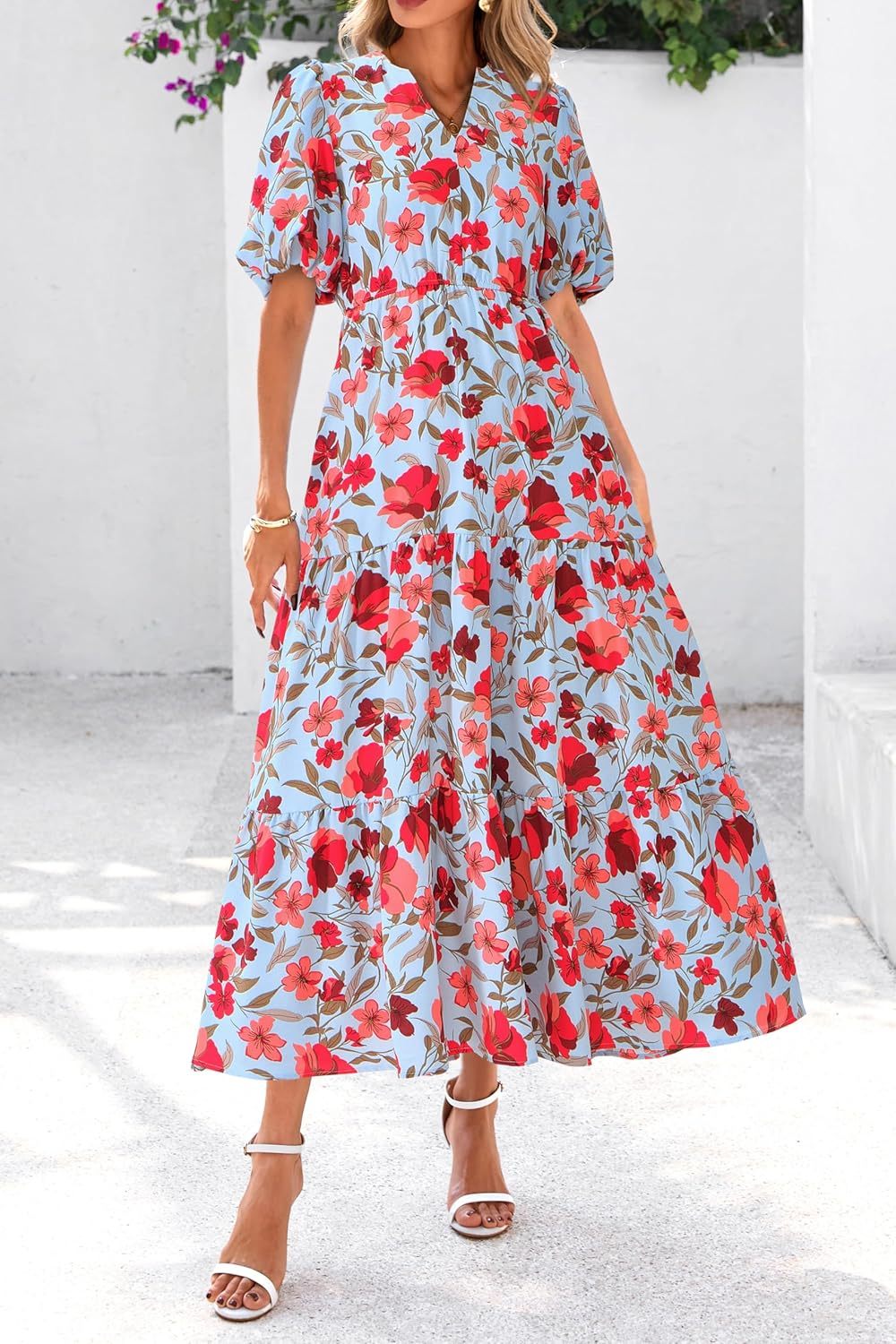 dowerme Womens Summer Dresses 2025 Casual Puff Short Sleeve V Neck Floral Boho Tiered Ruffle Maxi Dress with Pockets