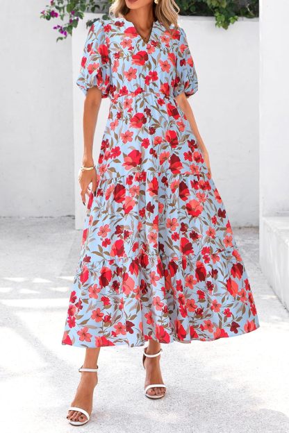 dowerme Womens Summer Dresses 2025 Casual Puff Short Sleeve V Neck Floral Boho Tiered Ruffle Maxi Dress with Pockets