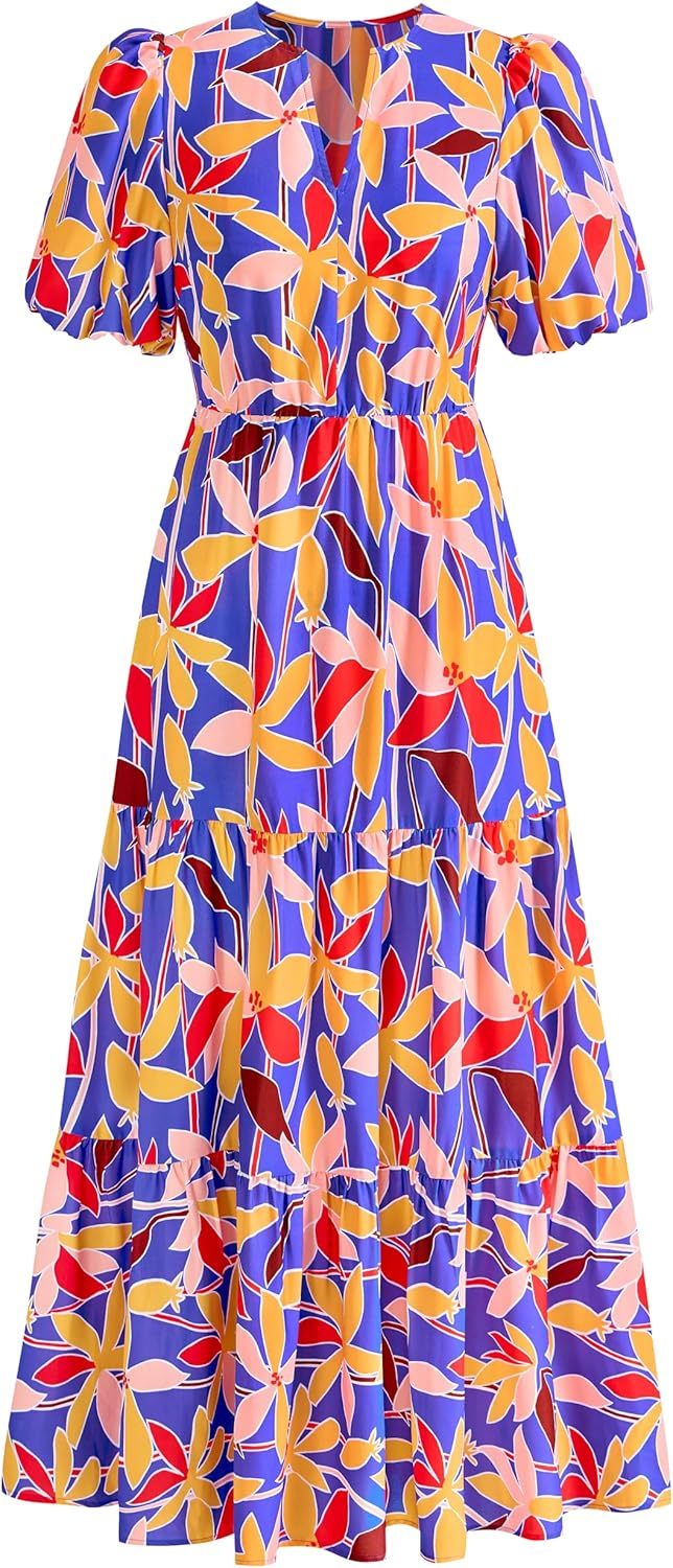 dowerme Womens Summer Dresses 2025 Casual Puff Short Sleeve V Neck Floral Boho Tiered Ruffle Maxi Dress with Pockets