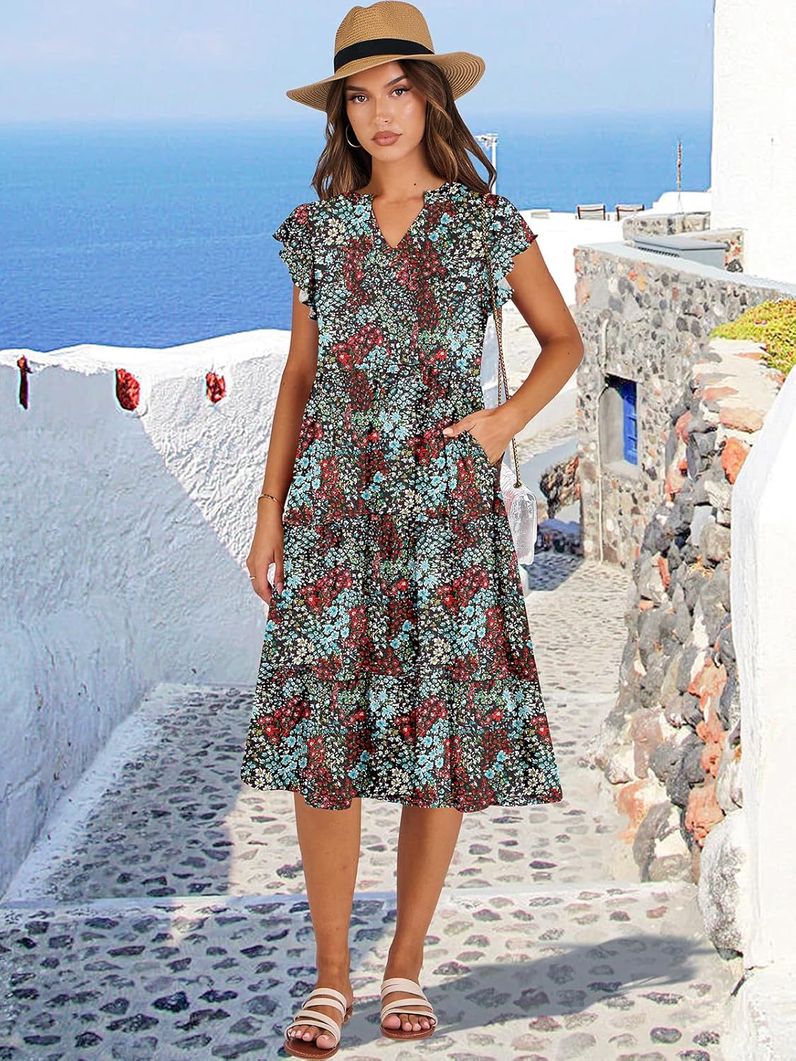 ANRABESS Womens Summer Dress Ruffle Sleeve V Neck Midi Dresses Fashion Casual Fit Flowy Tiered Boho Beach Vacation Sundress