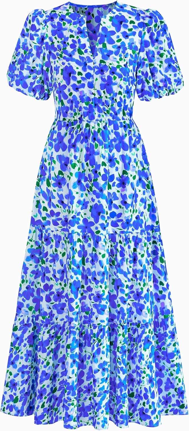 dowerme Womens Summer Dresses 2025 Casual Puff Short Sleeve V Neck Floral Boho Tiered Ruffle Maxi Dress with Pockets