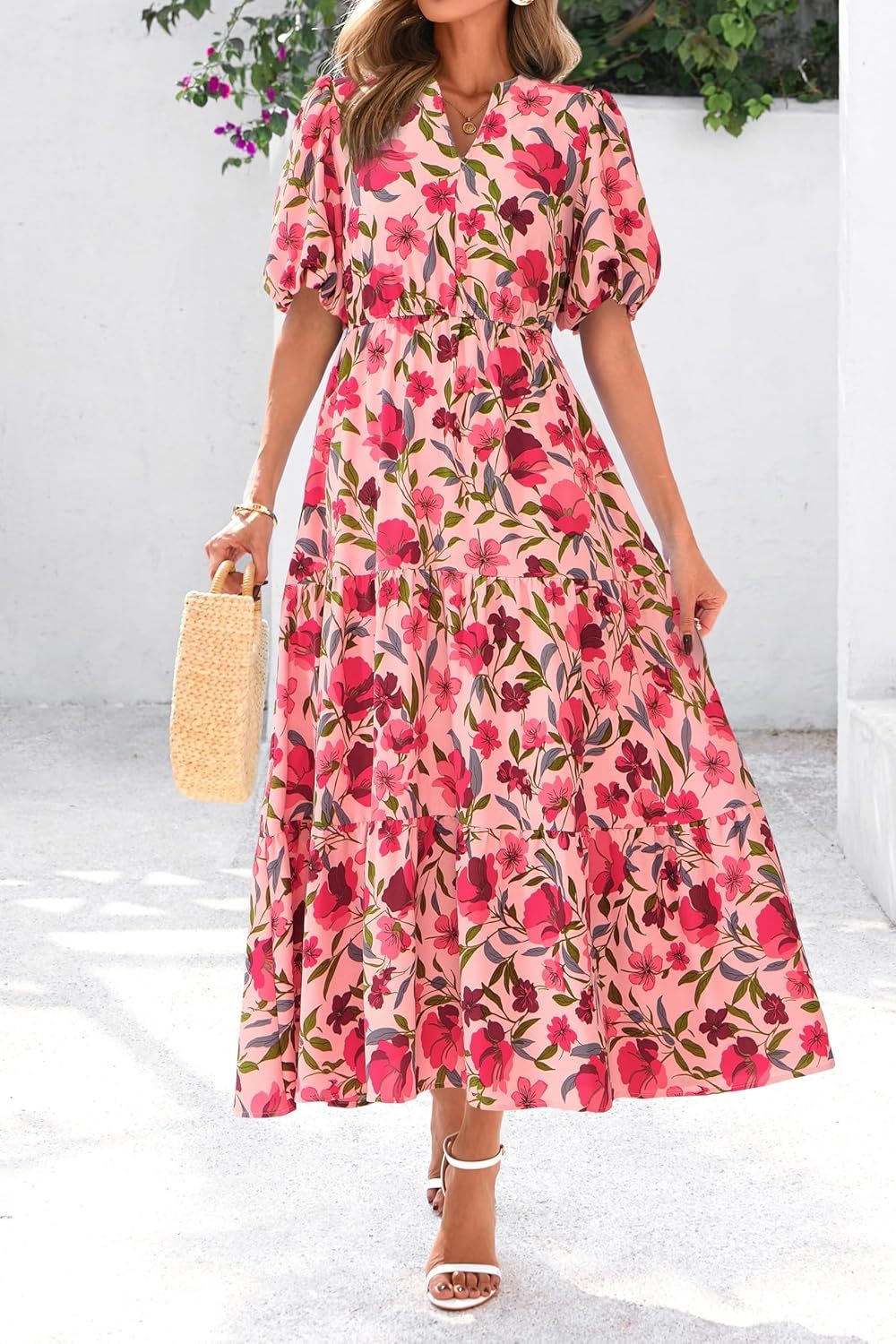 dowerme Womens Summer Dresses 2025 Casual Puff Short Sleeve V Neck Floral Boho Tiered Ruffle Maxi Dress with Pockets