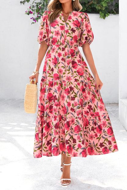 dowerme Womens Summer Dresses 2025 Casual Puff Short Sleeve V Neck Floral Boho Tiered Ruffle Maxi Dress with Pockets