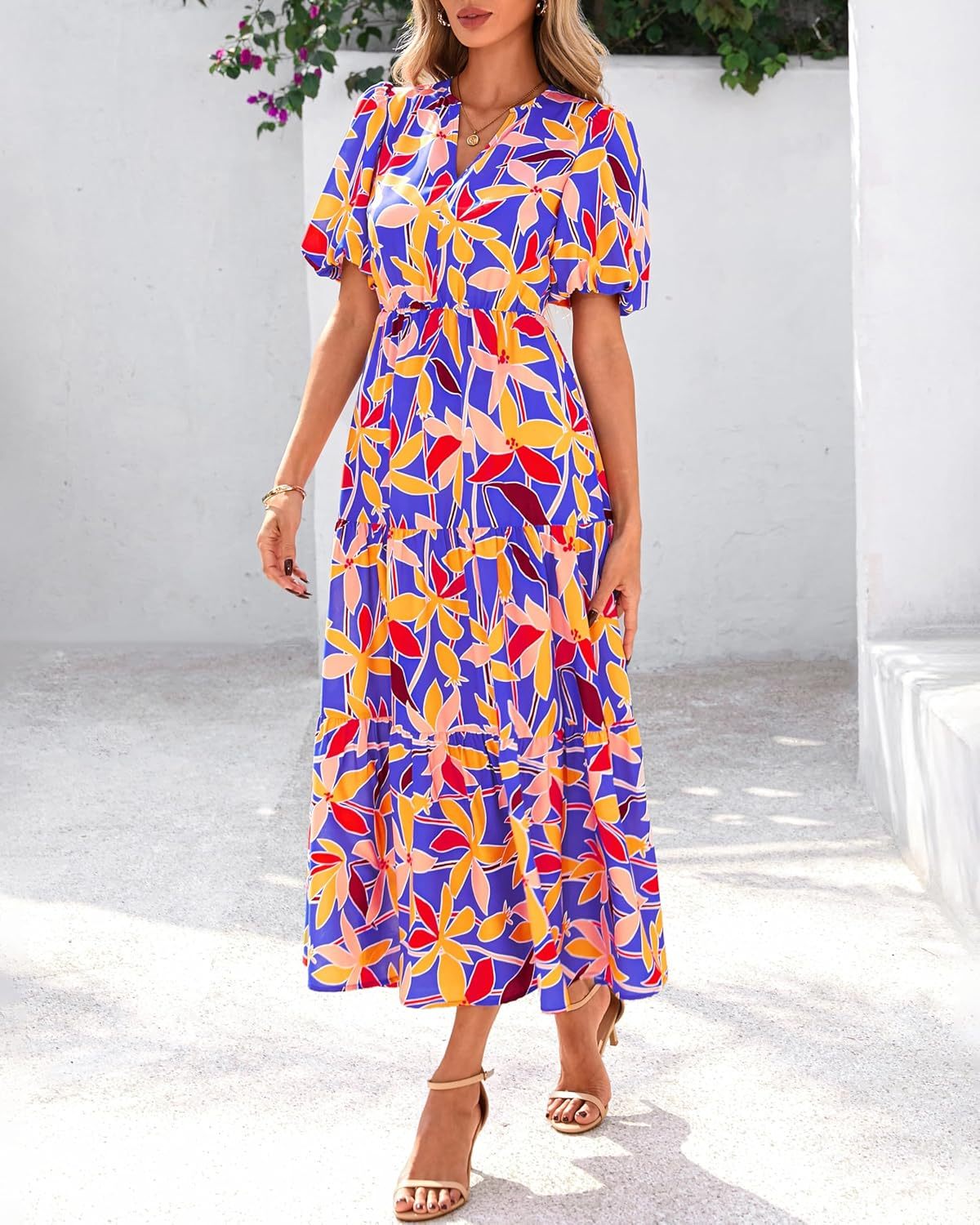 dowerme Womens Summer Dresses 2025 Casual Puff Short Sleeve V Neck Floral Boho Tiered Ruffle Maxi Dress with Pockets