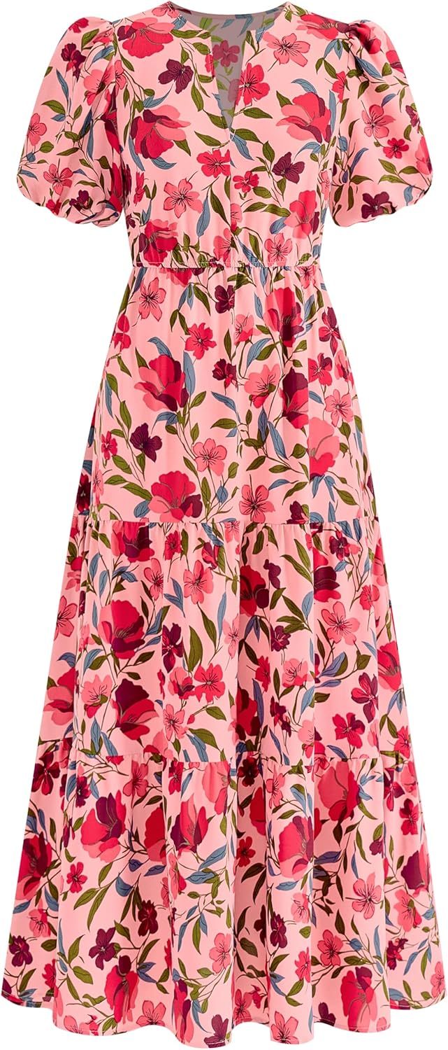 dowerme Womens Summer Dresses 2025 Casual Puff Short Sleeve V Neck Floral Boho Tiered Ruffle Maxi Dress with Pockets
