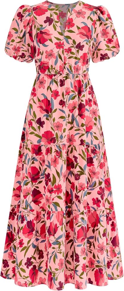 dowerme Womens Summer Dresses 2025 Casual Puff Short Sleeve V Neck Floral Boho Tiered Ruffle Maxi Dress with Pockets
