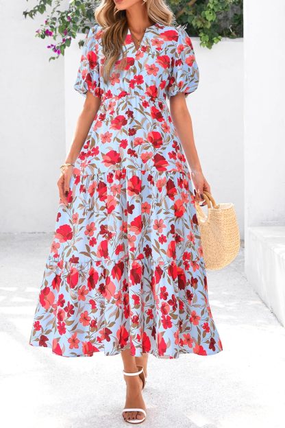dowerme Womens Summer Dresses 2025 Casual Puff Short Sleeve V Neck Floral Boho Tiered Ruffle Maxi Dress with Pockets