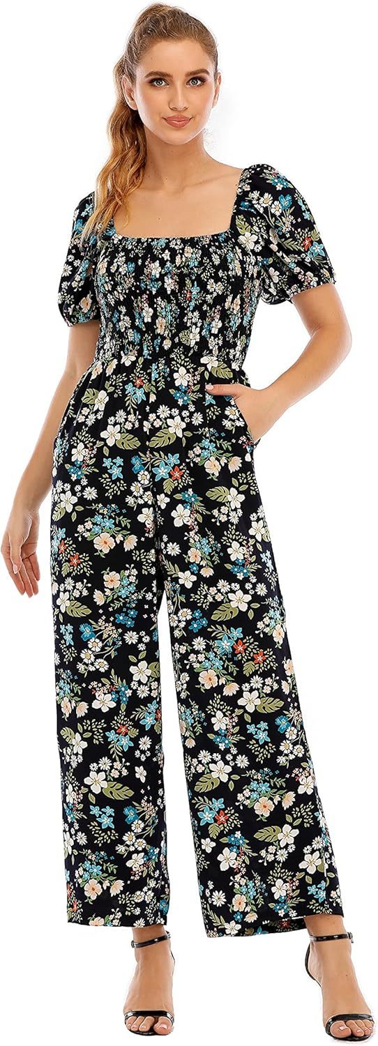 Love Welove Fashion Summer Jumpsuits for Women 2025 Floral Dressy Casual Loose Wide Leg Short Sleeve One Piece Romper Outfits