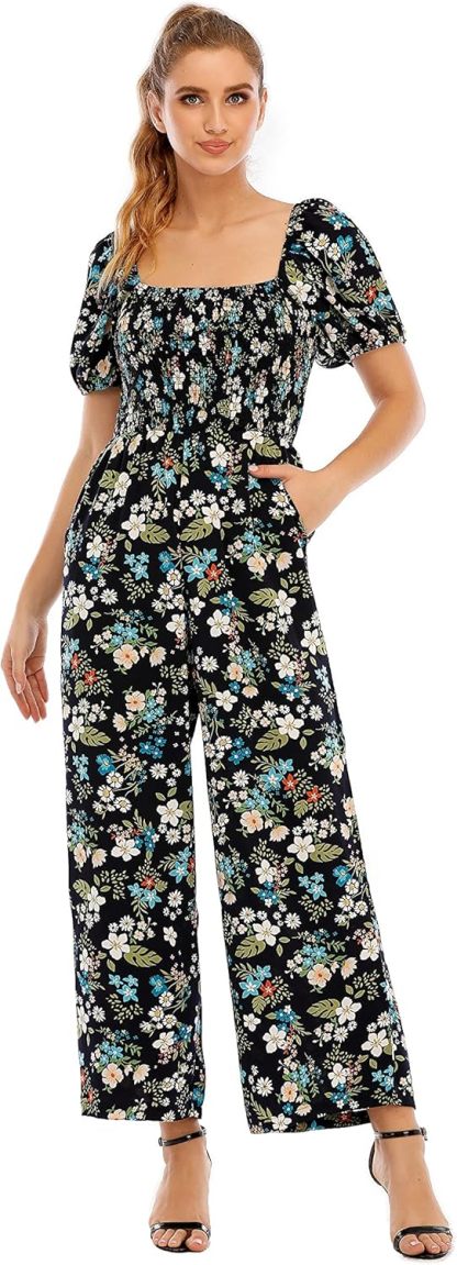 Love Welove Fashion Summer Jumpsuits for Women 2025 Floral Dressy Casual Loose Wide Leg Short Sleeve One Piece Romper Outfits