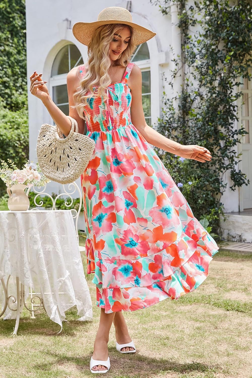GRACE KARIN Women's 2025 Summer Floral Boho Dress Square Neck Strapped Swing A Line Sundress Beach Long Maxi Outfits