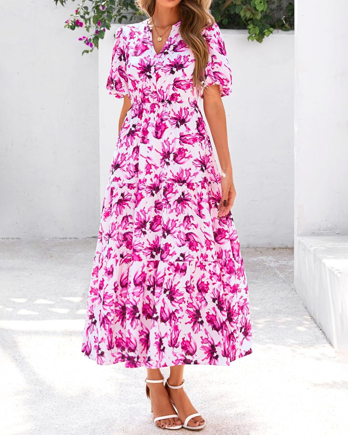 dowerme Womens Summer Dresses 2025 Casual Puff Short Sleeve V Neck Floral Boho Tiered Ruffle Maxi Dress with Pockets
