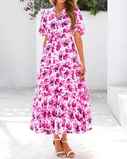 dowerme Womens Summer Dresses 2025 Casual Puff Short Sleeve V Neck Floral Boho Tiered Ruffle Maxi Dress with Pockets