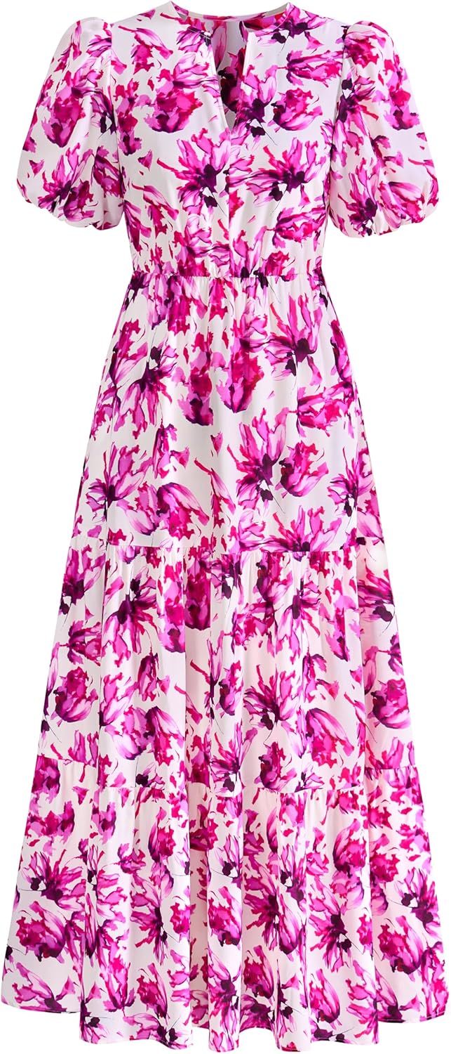 dowerme Womens Summer Dresses 2025 Casual Puff Short Sleeve V Neck Floral Boho Tiered Ruffle Maxi Dress with Pockets